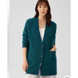 Eileen Fisher Wommen's XXS Organic Cotton Longline Button Front Cardigan Teal